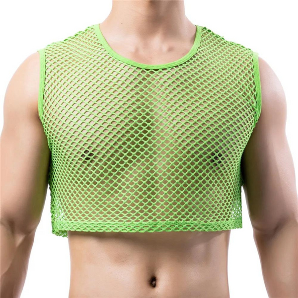 Neon-green Transparent Fishnet Crop Top on male torso; sleeveless, open-weave mesh design, highlighting bold self-expression and queer pride. Perfect for making a statement with confidence and flair.