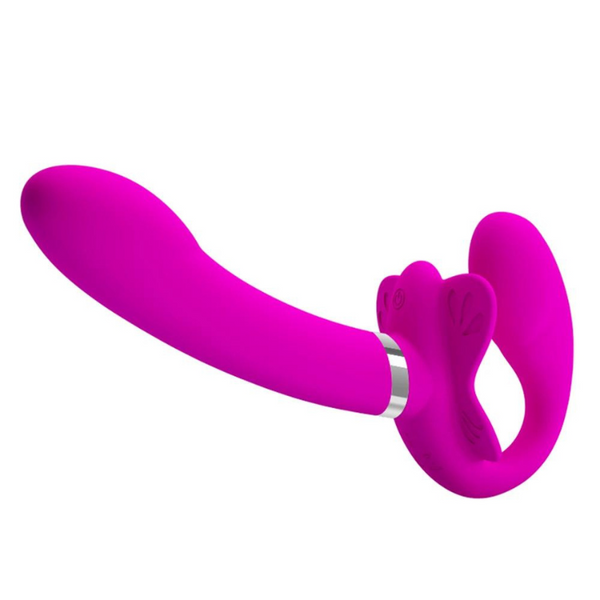 A pink strapless dildo vibrator with two heads, designed for dual stimulation. The device has a smooth silicone texture and is shown in a bent position, indicating its flexibility.