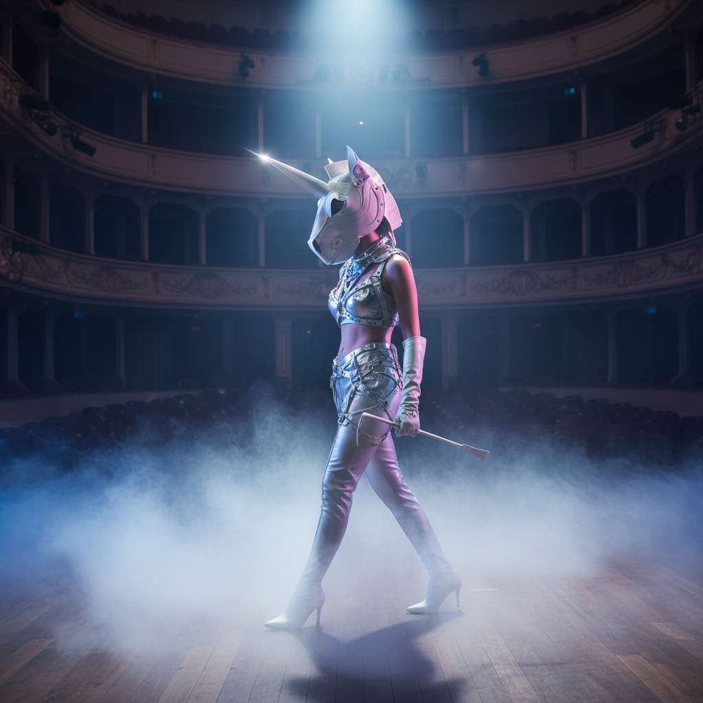 Performer wearing the Unicorn Steam-Queen Equine Mask with a metallic horn, silvery ensemble, and thigh-high boots, exuding bold queer energy on a misty theater stage, celebrating empowerment and self-expression.