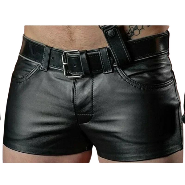Urban Daddy PU Leather Shorts showcase bold style with tight, black leather-like material, a wide belt, and harness strap, embodying queer pride and confidence for empowered self-expression and visibility.