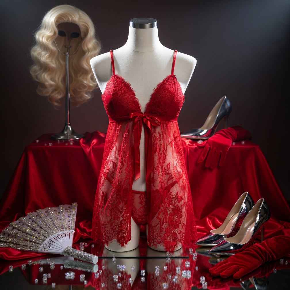 The Veiled Temptation lace set with bow on a mannequin, flanked by red velvet gloves, black heels, blonde wig, fan, and rhinestones.