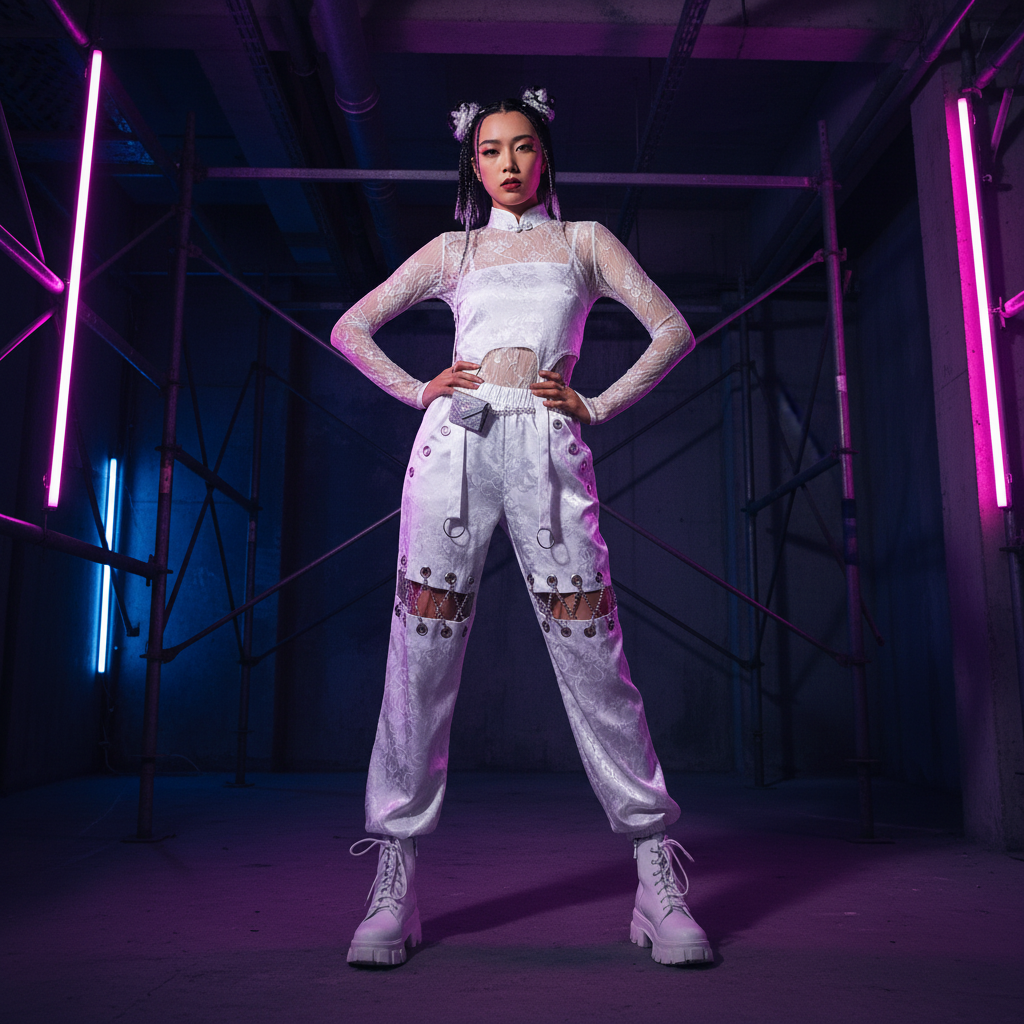 Young woman in the White Lace Hip Hop Outfit, styled with cut-outs and chains, embodies bold queer energy in an edgy, neon-lit industrial space.