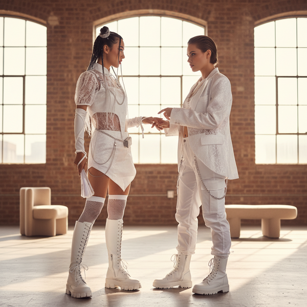 Two women exude bold queer energy in White Lace Hip Hop Outfits, blending elegance with street style through lace details, chains, and chunky boots, celebrating self-expression and empowerment.