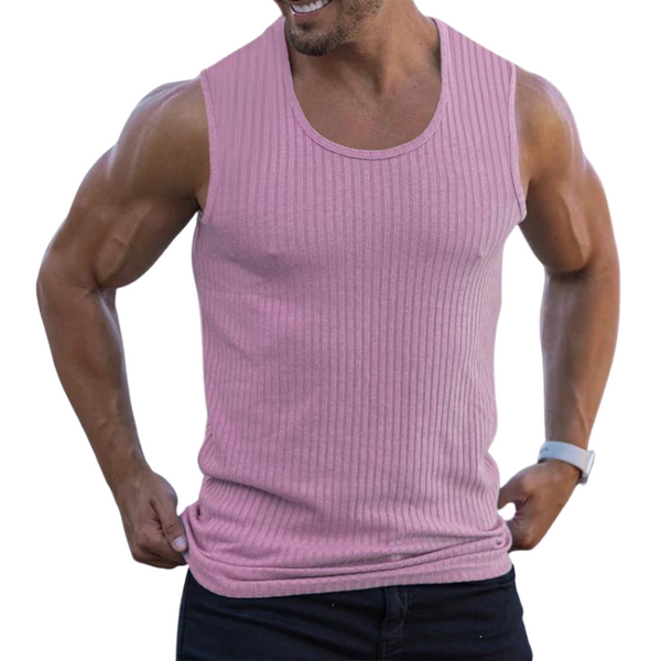 Muscular male model in a dusty pink Wide Shoulder Summer Knitted Sleeveless Tank Top, showcasing its chic fit and racerback design, embodying queer pride and self-expression in a stylish, empowering way.