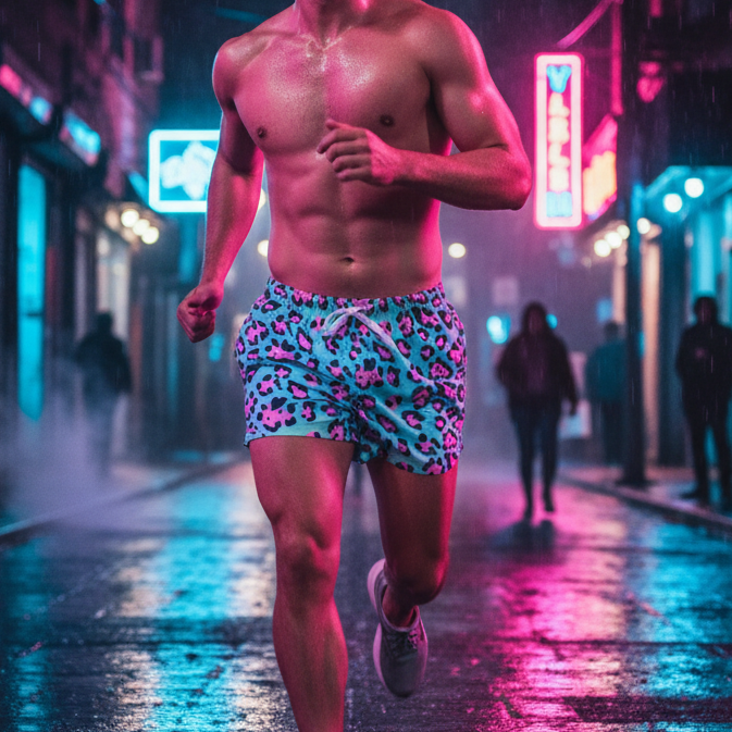 An athletic man jogs at night, wearing WildPrint Acid Leopard Lounge Shorts. These vibrant blue shorts with pink and purple leopard spots showcase bold, queer self-expression and prideful style.