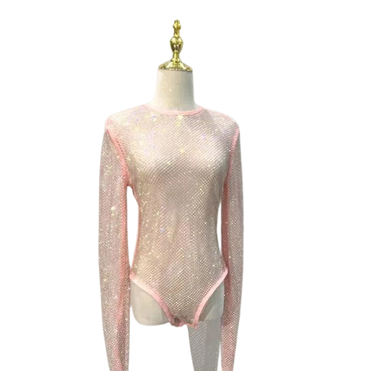 Women's Rhinestone Fishnet See-Through Sexy Bodysuit, Khaki Women's Rhinestone Fishnet See-Through Sexy Bodysuit, Khaki