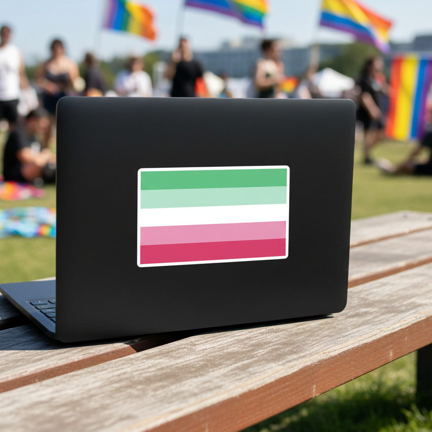 Black laptop with an Abrosexual Flag bubble-free sticker sits on a wooden bench; folks chill nearby on grass