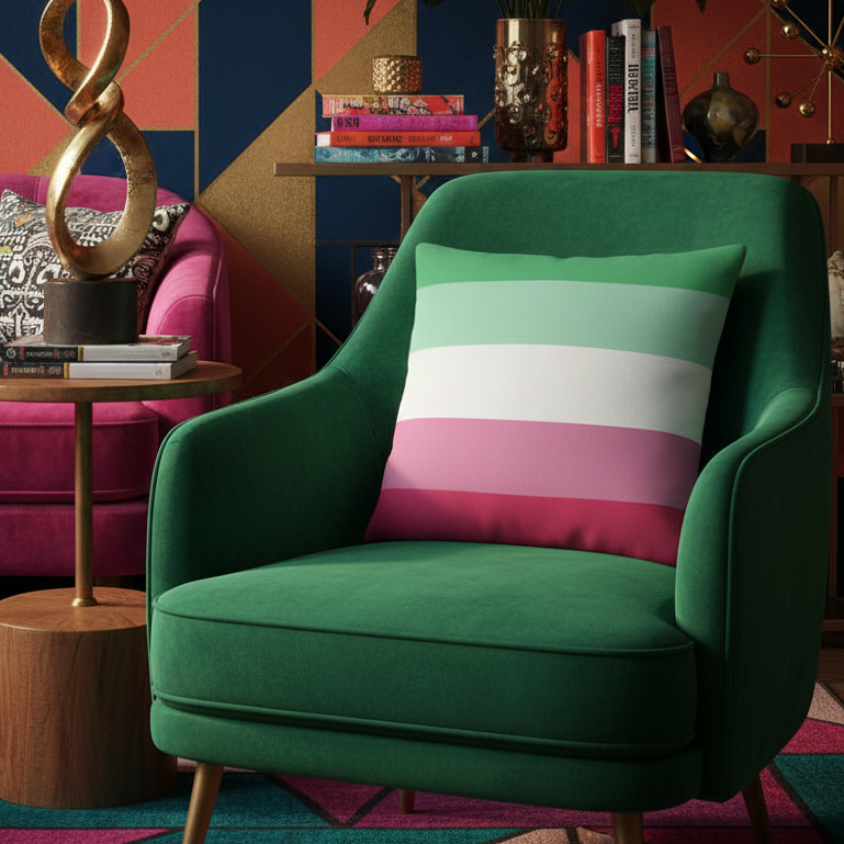 Dark green armchair with Abrosexual Pillow in green, white, pink stripes in eclectic room with pink chair, wood table, plants