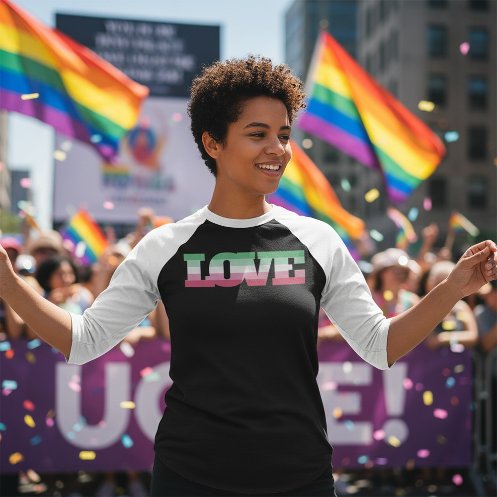 Abrosexual Pride 3/4 sleeve raglan shirt worn by a smiling person at pride, with rainbow flags, confetti, crowd
