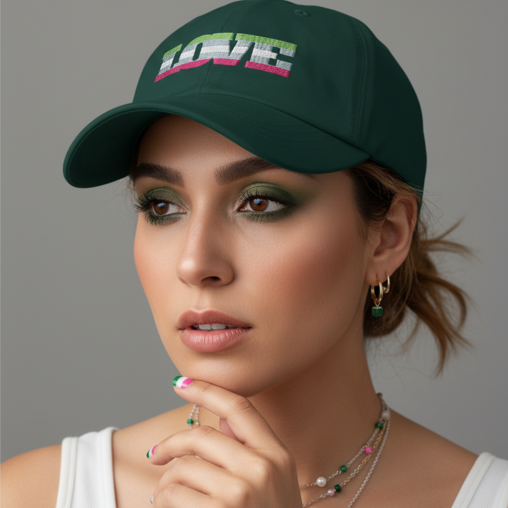 Abrosexual Pride cap in dark green with "LOVE" in rainbow letters; wearer rocks matching green eye makeup, nails
