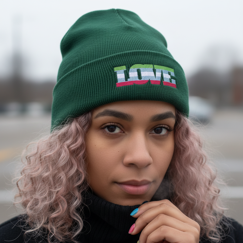 Abrosexual Pride cuffed beanie with "LOVE" in bold, rainbow letters