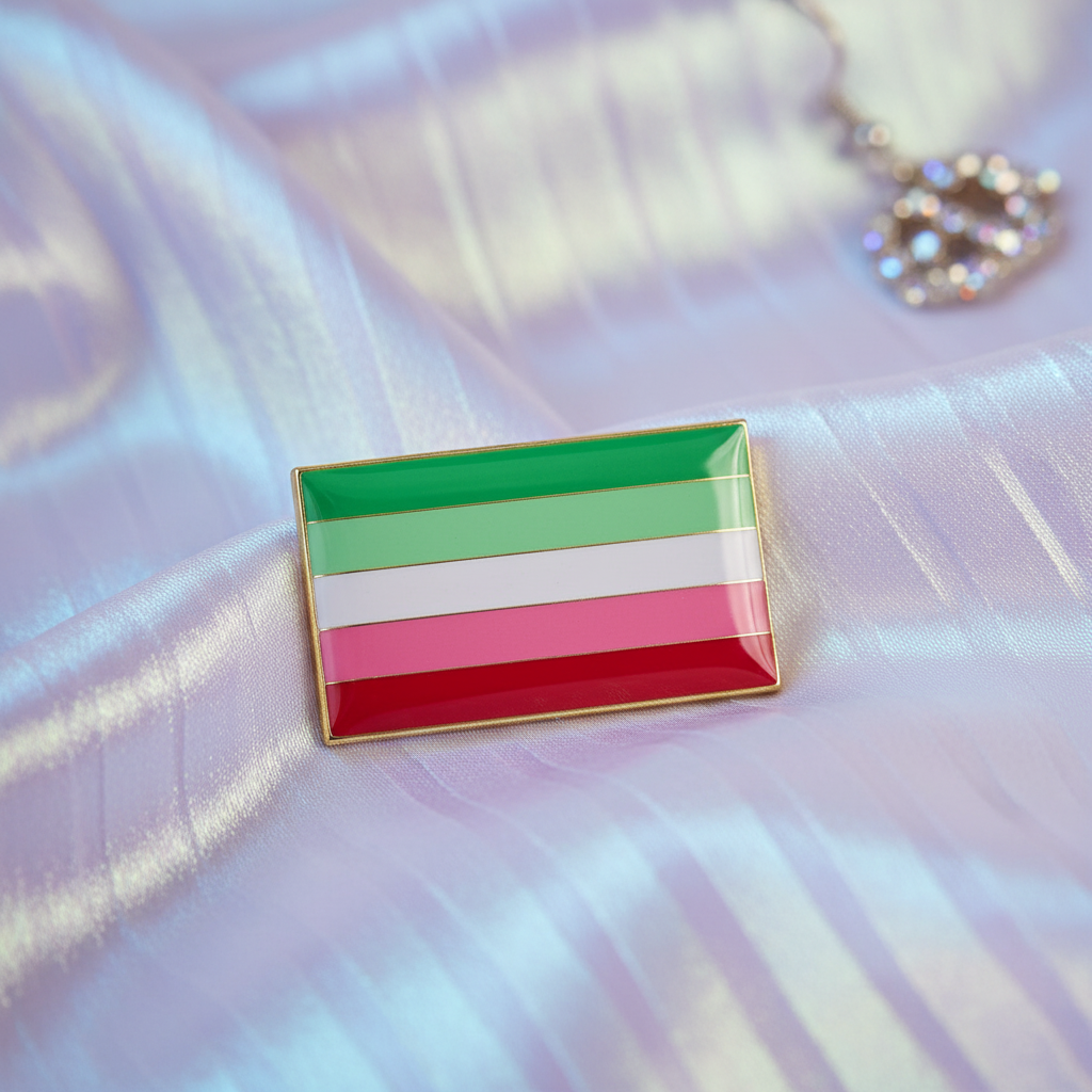 Rectangular green, white, pink, and red enamel pin on iridescent satin