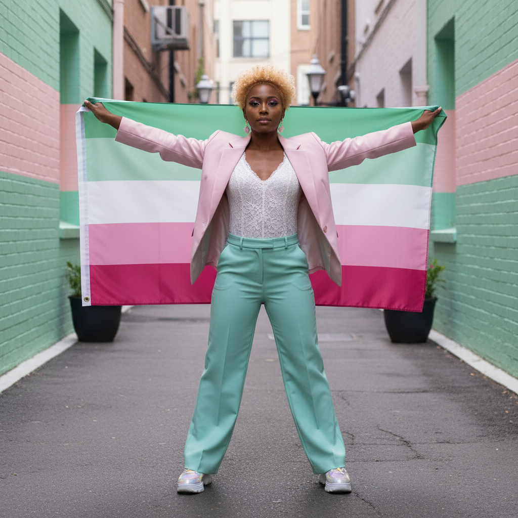 Abrosexual pride flag held behind a person in a pastel pink blazer and mint trousers