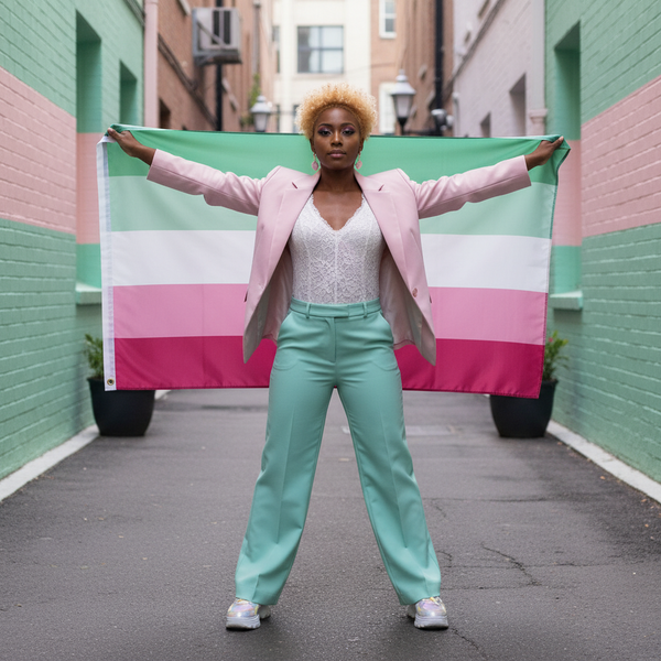 Abrosexual pride flag held behind a person in a pastel pink blazer and mint trousers