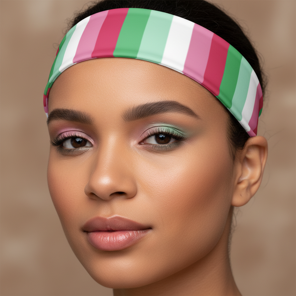 Abrosexual Pride Headband in pink, white, and green on person with medium skin and bold pastel makeup; confident