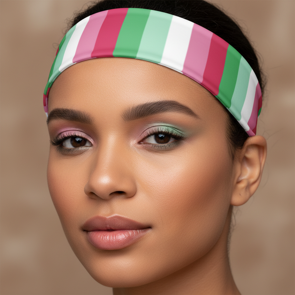 Abrosexual Pride Headband in pink, white, and green on person with medium skin and bold pastel makeup; confident