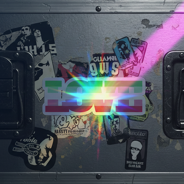 Metal case covered in abrosexual flag holographic stickers, rainbow “LOVE” decal shining bright