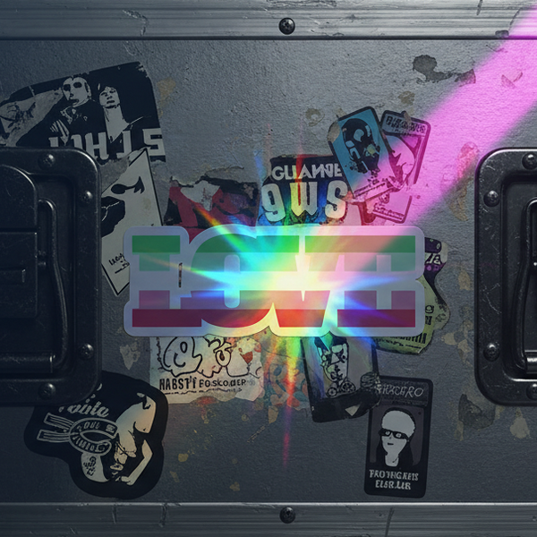 Metal case covered in abrosexual flag holographic stickers, rainbow “LOVE” decal shining bright