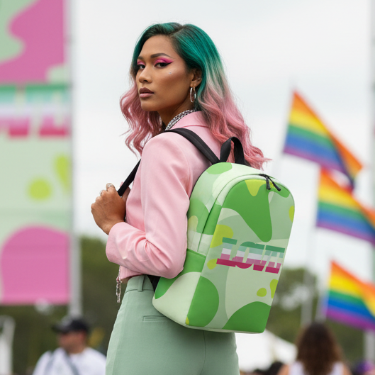Model wearing a green abstract-print backpack at an outdoor Pride event