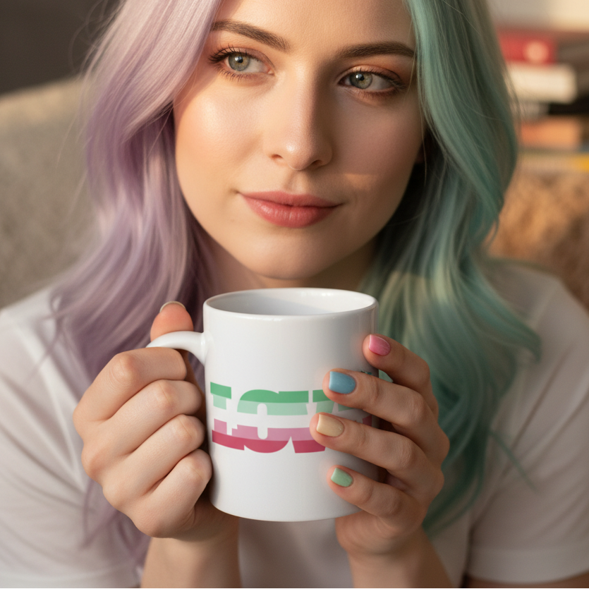 Person with pastel lavender and mint hair holds a white mug with green and pink lettering