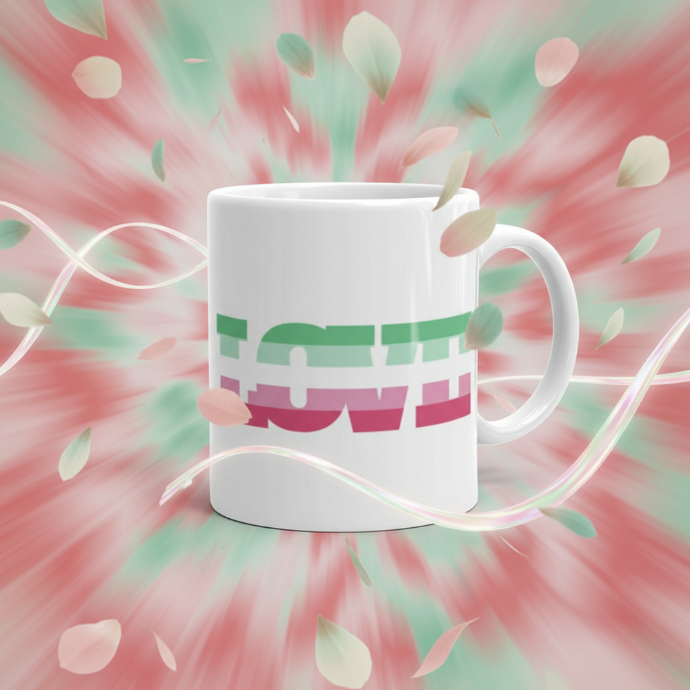 White mug with green and pink abstract lettering against a mint and coral background
