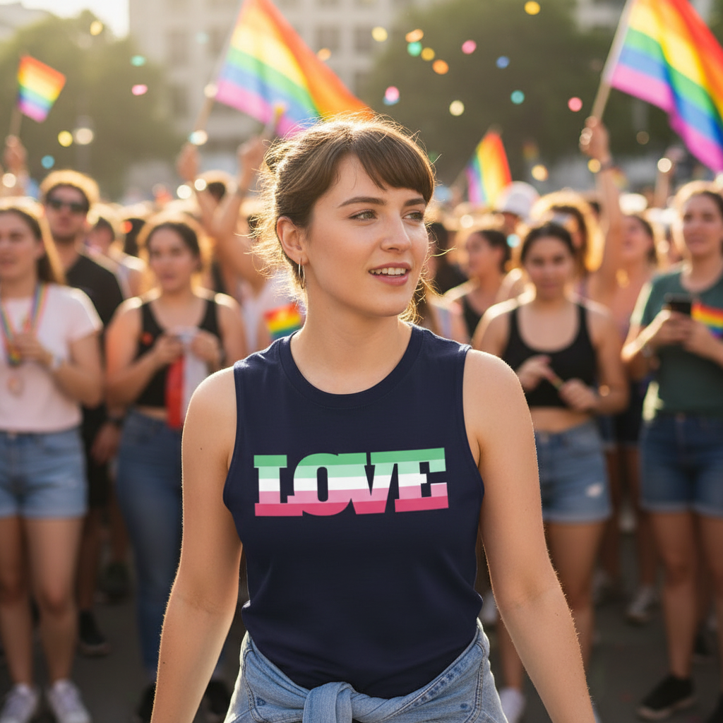 Abrosexual Pride muscle top in a relaxed fit worn by a person at a sunny, vibrant LGBTQ+ parade, rainbow flags waving around