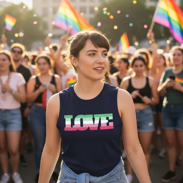 Abrosexual Pride muscle top in a relaxed fit worn by a person at a sunny, vibrant LGBTQ+ parade, rainbow flags waving around