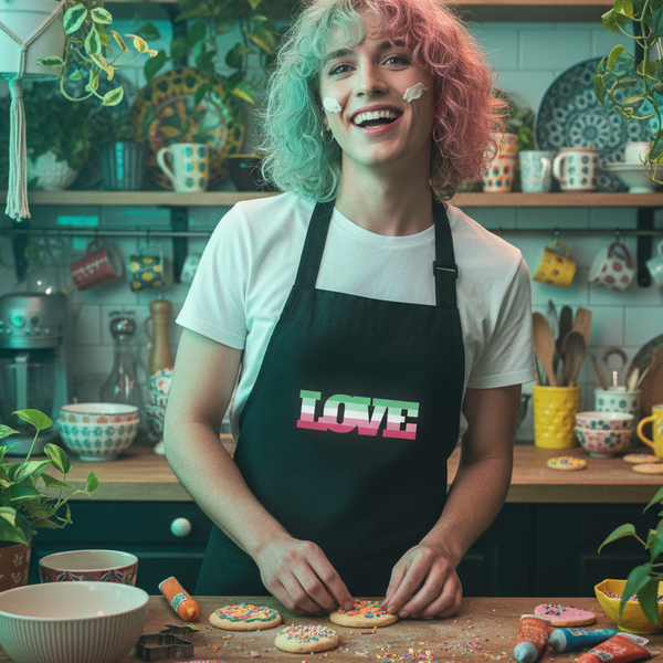 Person wearing a black apron with LOVE in pink, white, and green stripes while decorating cookies