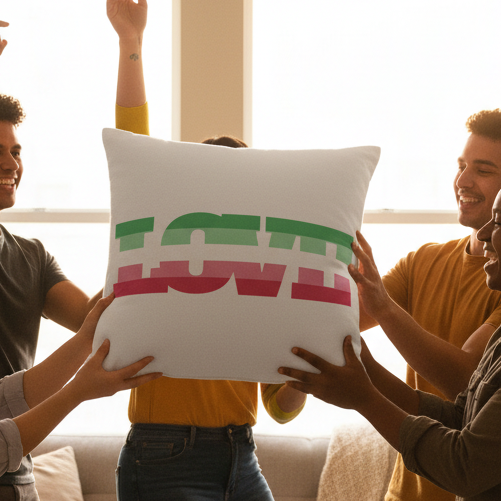 Five people in a sunlit room proudly hold the Abrosexual Pride Pillow, a bold