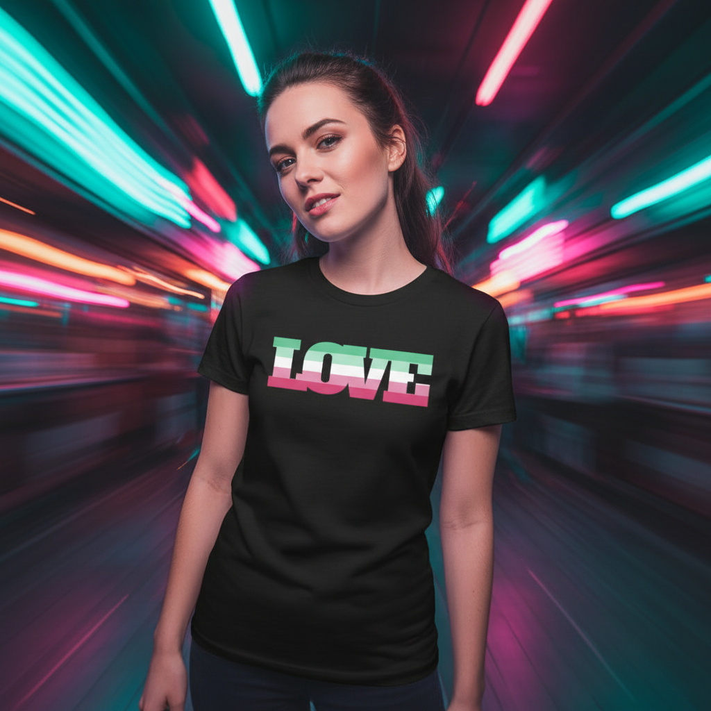 Abrosexual Pride T-shirt with bold "LOVE" in pink and green gradient, worn by a femme; neon blue, pink