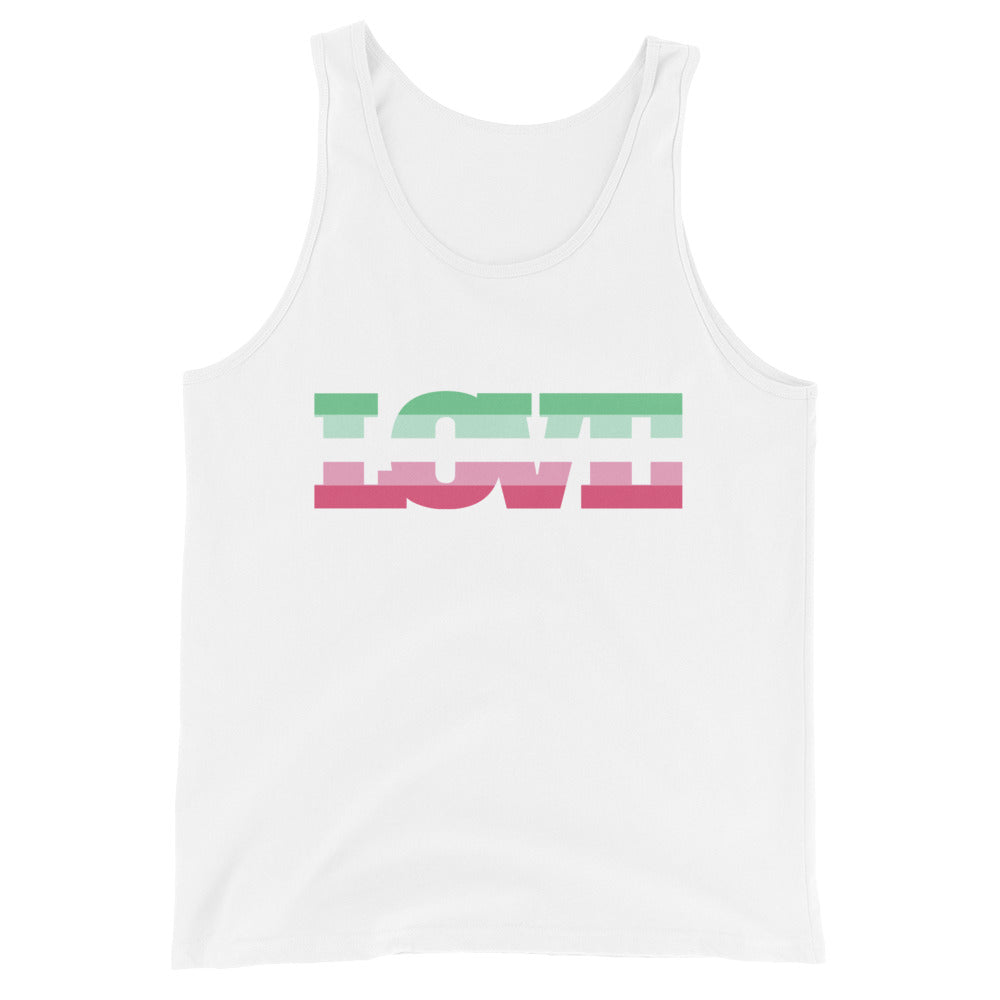 White tank top with a mirrored green and pink block-letter graphic on the chest