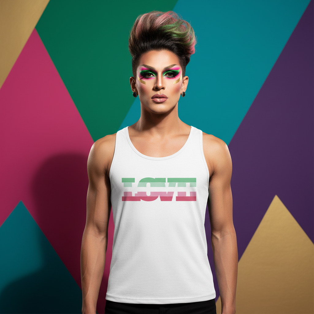 Abrosexual Pride Unisex Tank Top with “LOVE” in rainbow colors, worn by a glam person, pops against bold pink, teal, gold