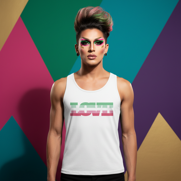 Abrosexual Pride Unisex Tank Top with “LOVE” in rainbow colors, worn by a glam person, pops against bold pink, teal, gold