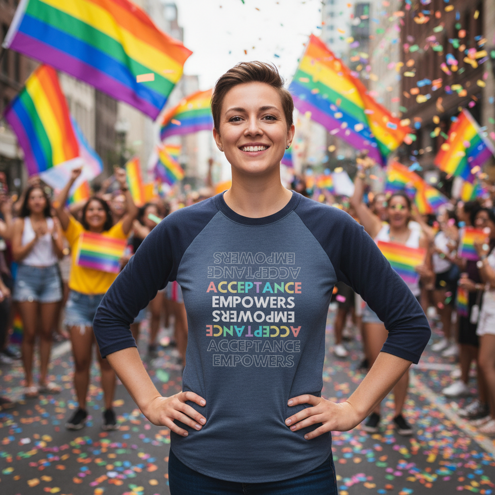 3/4 sleeve raglan shirt with "Acceptance Empowers" text