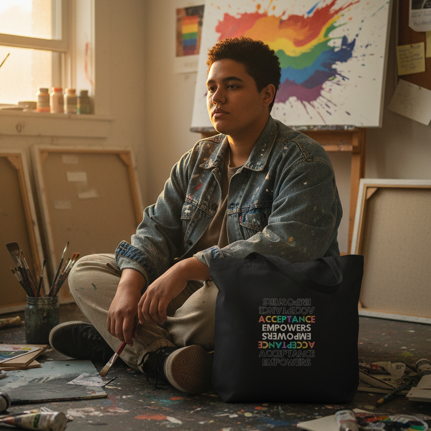 Black tote bag with rainbow “Acceptance Empowers” text beside a seated artist