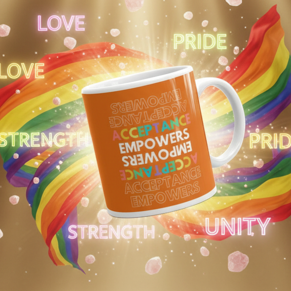 Orange mug tilted at an angle with stacked rainbow “ACCEPTANCE EMPOWERS” text