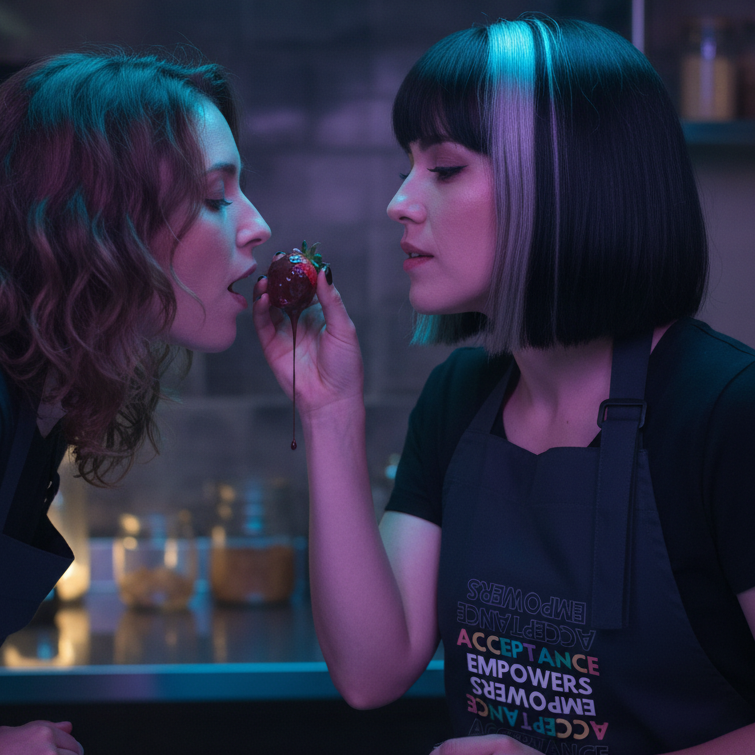 Two people in a dim kitchen, one wearing an apron reading “Acceptance Empowers” and offering a strawberry