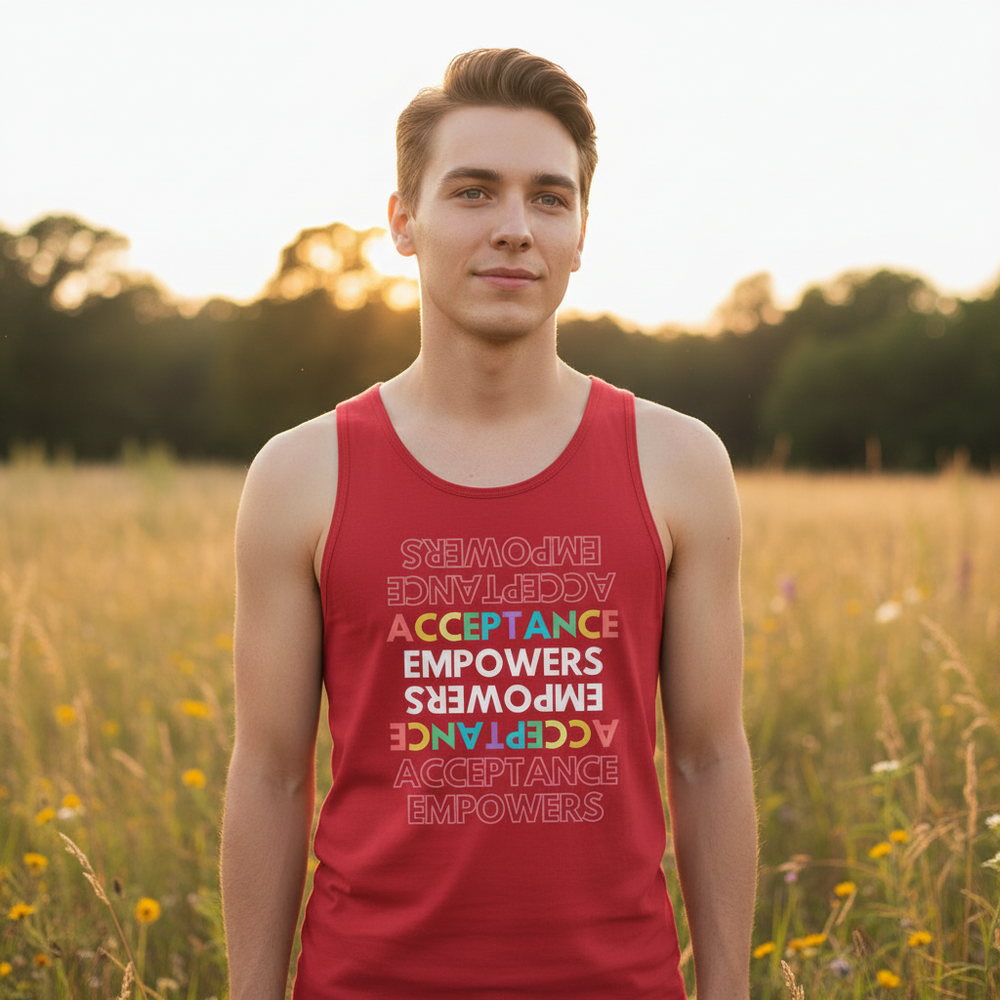 Acceptance Empowers Unisex Tank Top with bold, mirrored rainbow text on a person, glowing in golden sunlight and wildflowers