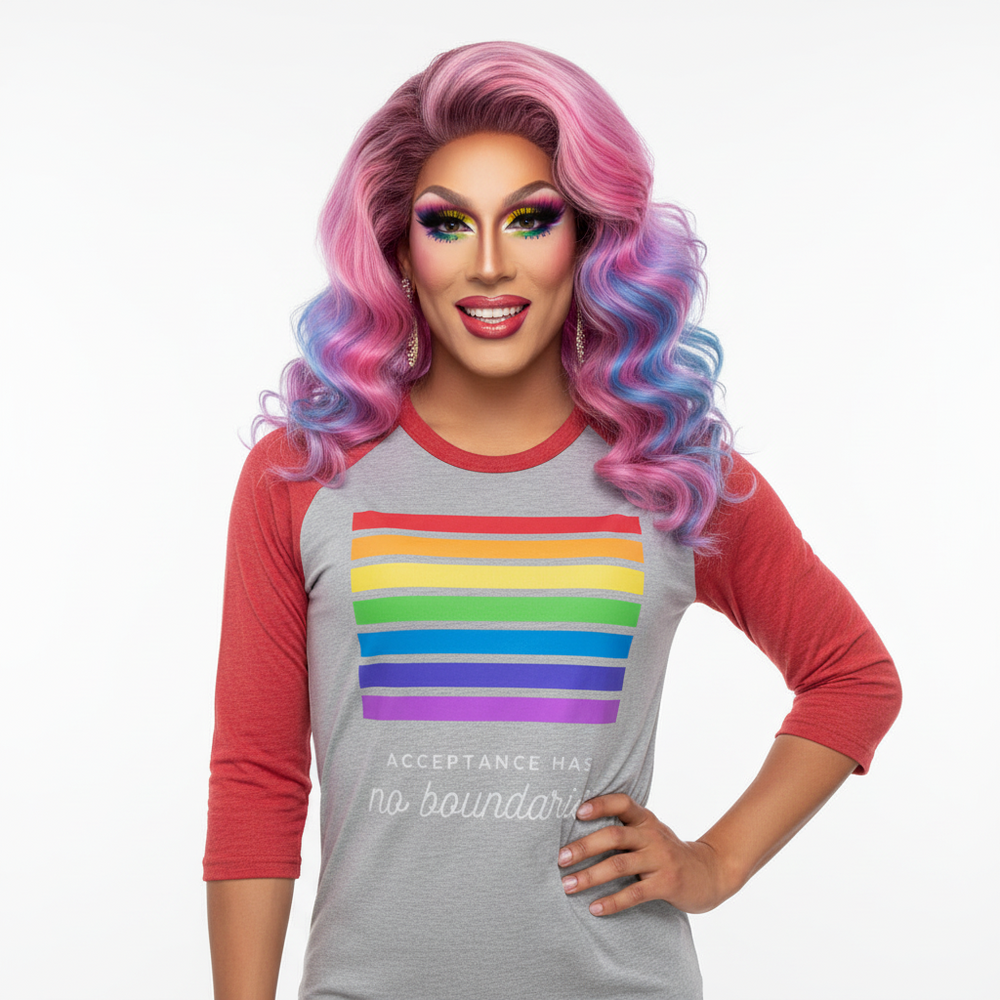 Acceptance Has No Boundaries 3/4 sleeve raglan shirt with rainbow stripes and bold slogan
