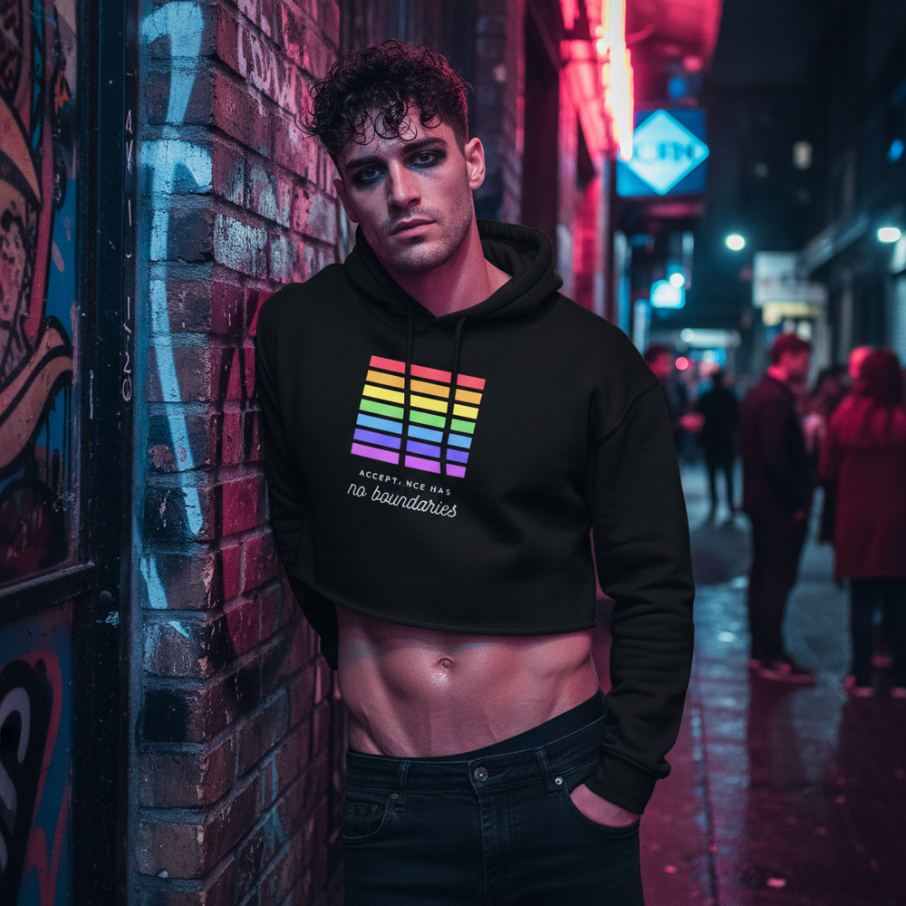 Acceptance Has No Boundaries Crop Hoodie in black, rainbow stripes