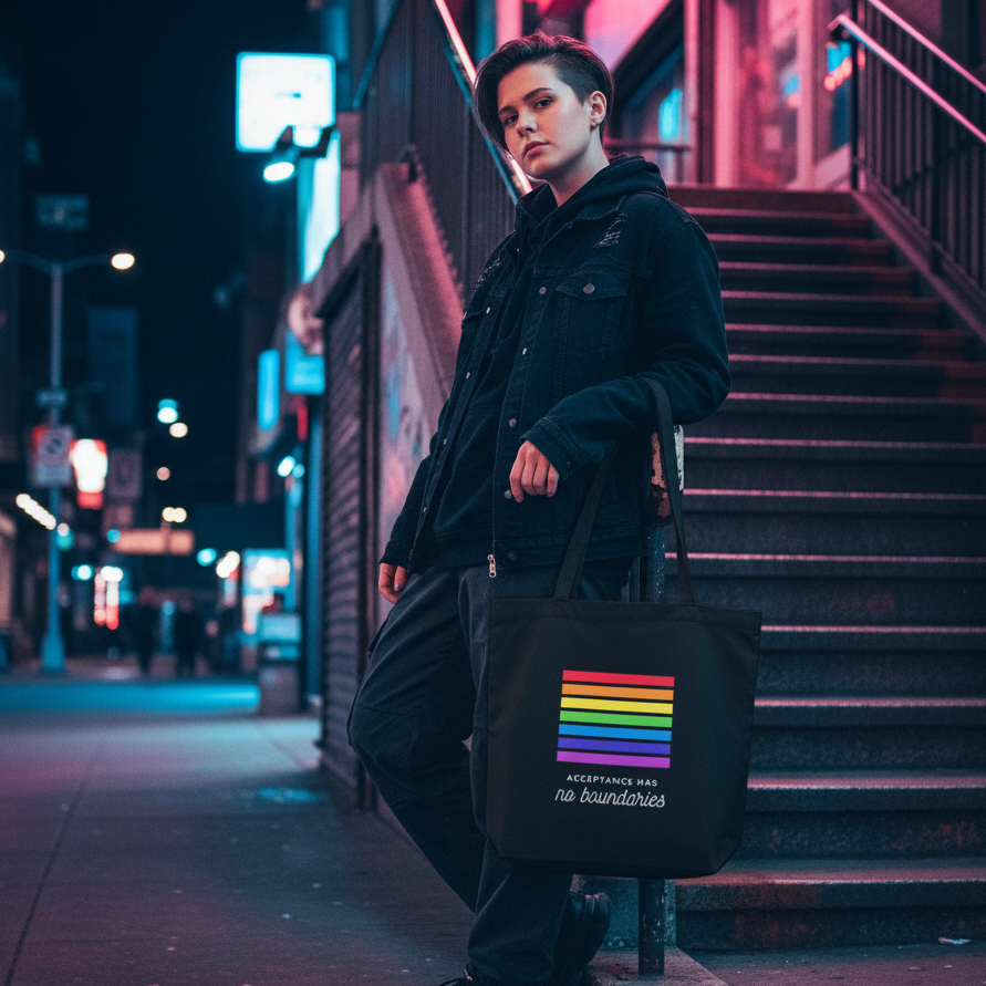 Person holds a black tote reading “Acceptance Has no boundaries” with rainbow bars by city stairs