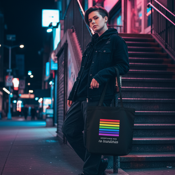 Person holds a black tote reading “Acceptance Has no boundaries” with rainbow bars by city stairs