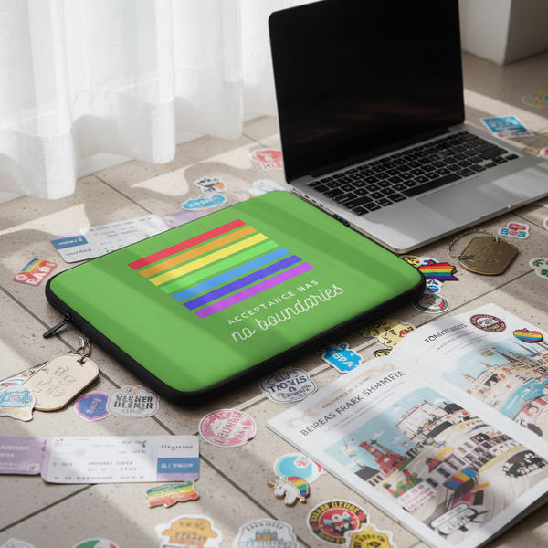 Acceptance Has No Boundaries laptop sleeve with a rainbow motif sits on tile, surrounded by queer stickers, travel swag