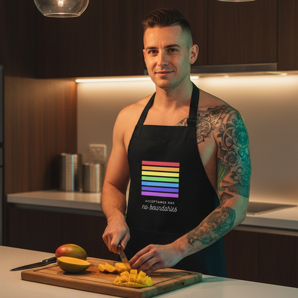 Person wearing a black rainbow-striped apron while slicing mango in a modern kitchen