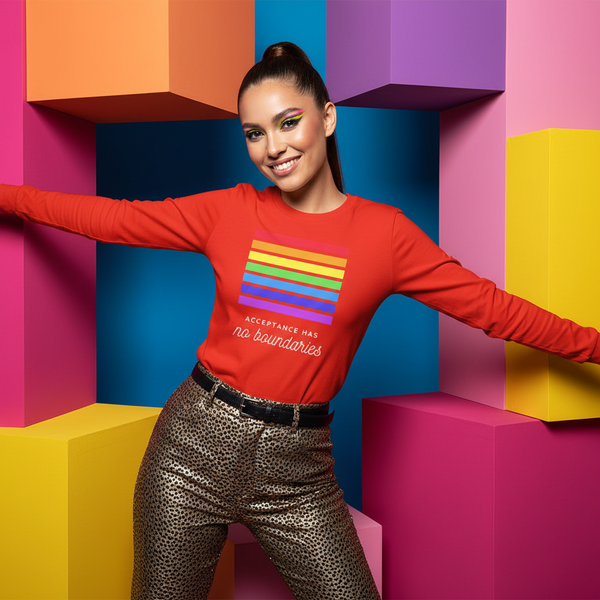 Acceptance Has No Boundaries Unisex Long Sleeve Tee with a rainbow design
