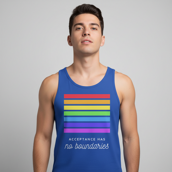 Unisex tank top in blue with bold horizontal rainbow stripes and “Acceptance Has No Boundaries” slogan, worn by a young man.