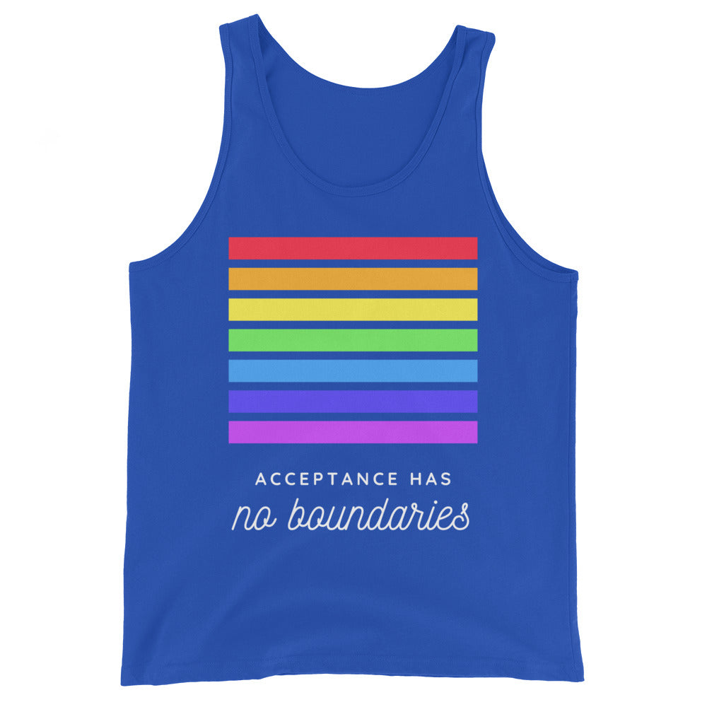 Blue tank top with rainbow bars and “ACCEPTANCE HAS no boundaries” text