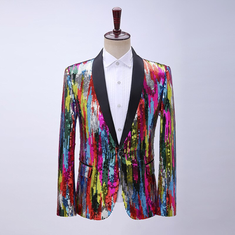 Front view of a multicolored sequin blazer on a mannequin, layered over a white shirt