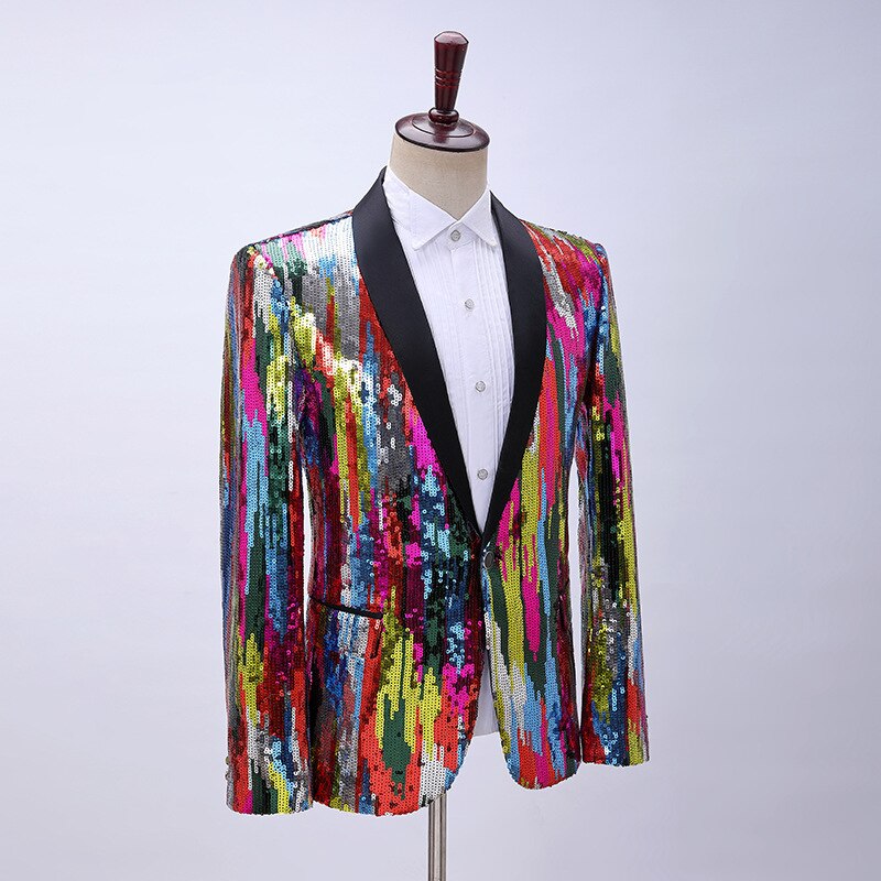 Front view of a multicolored sequin blazer with black lapels over a white shirt on a mannequin