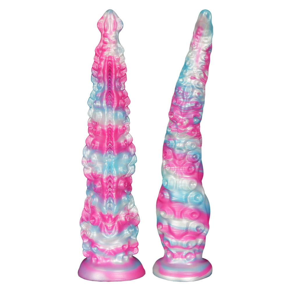 Two pink, blue, and translucent tentacle-textured anal dildos shown upright on suction bases